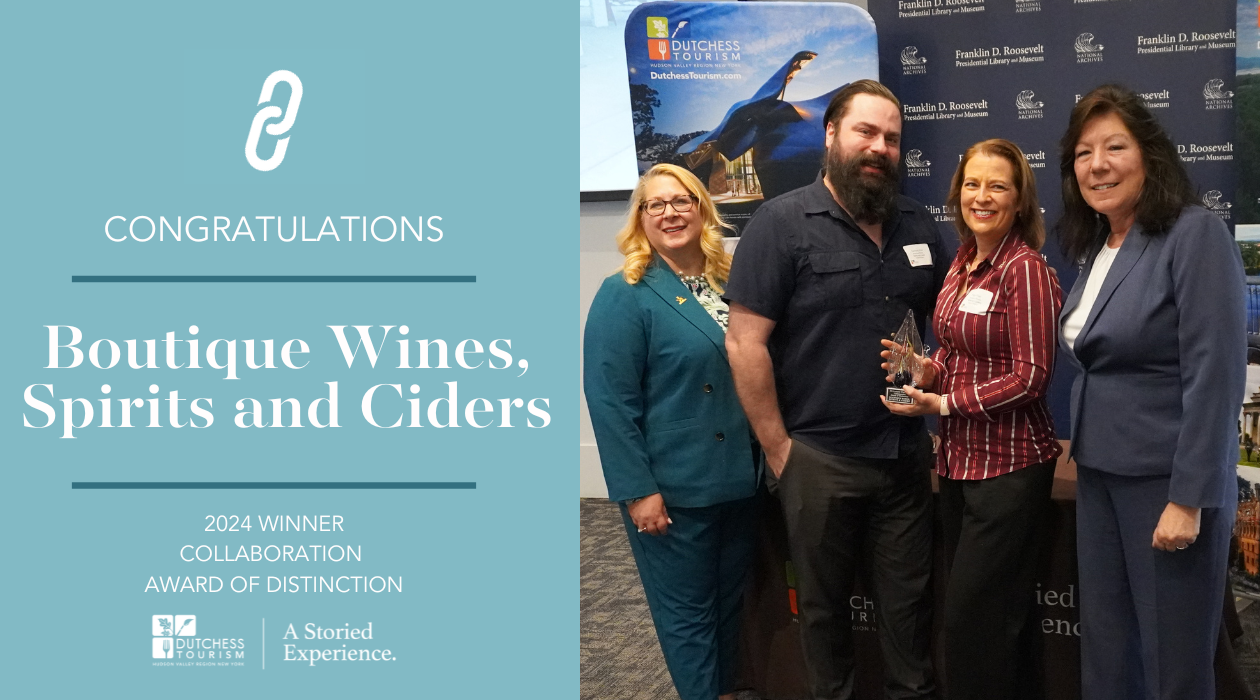 Paige and Gennaro Flori of Boutique Wines, Spirits and Ciders hold their award at the 2024 Awards of Distinction Breakfast alongside Dutchess Tourism CEO Melaine Rottkamp and Dutchess County Executive Sue Serino